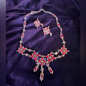 Radiant Vintage Red and Silver Star Necklace and Clip on Earrings.